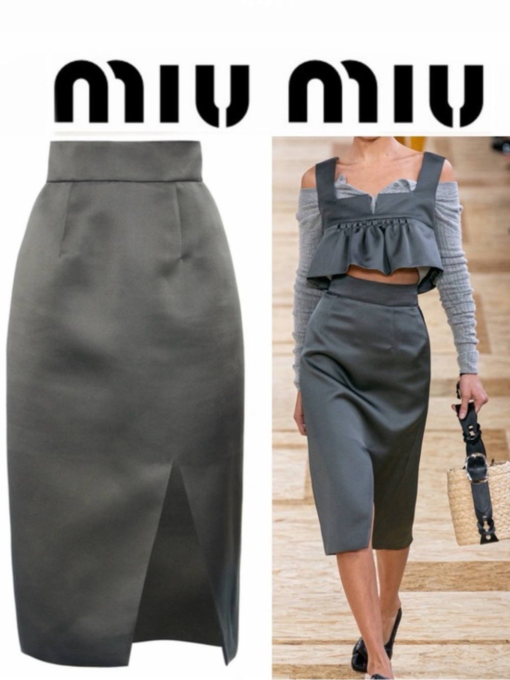 Miu Miu High-Rise Silk Satin Midi Skirt IT 40 US 4 Grey SS20 Runway NWT